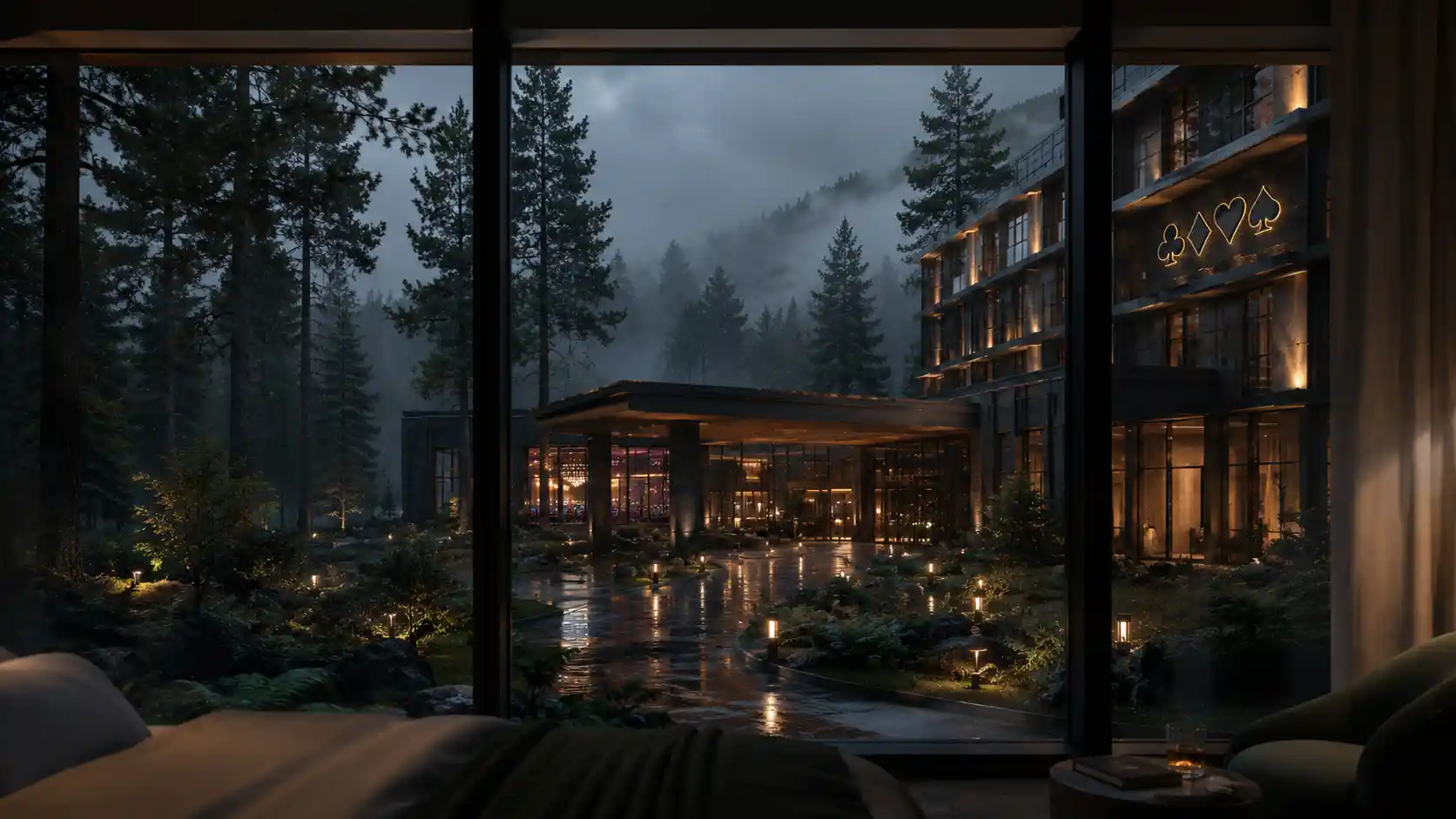 A casino resort surrounded by trees