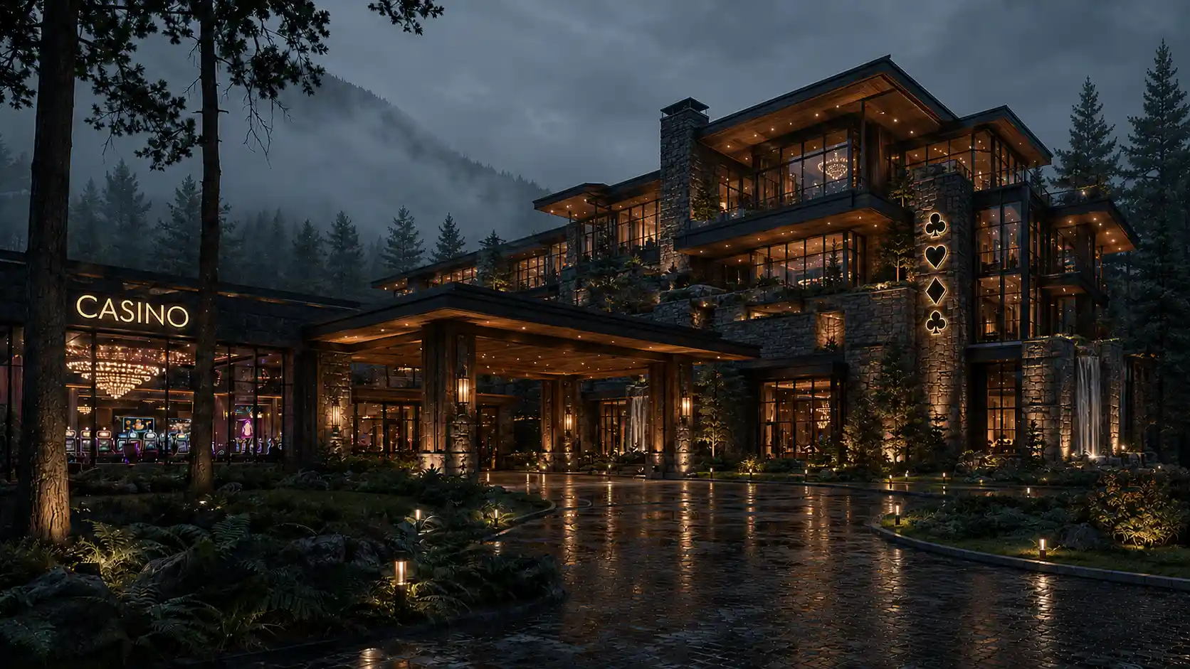 A softly lit resort dining setting