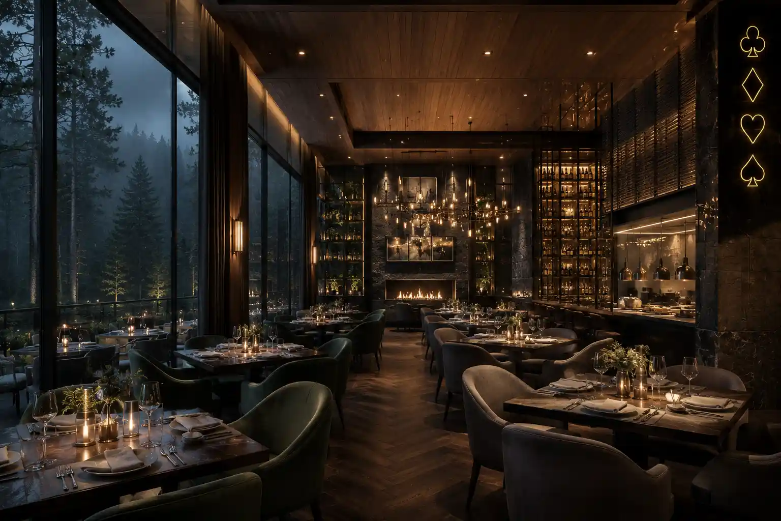 A softly lit casino resort setting