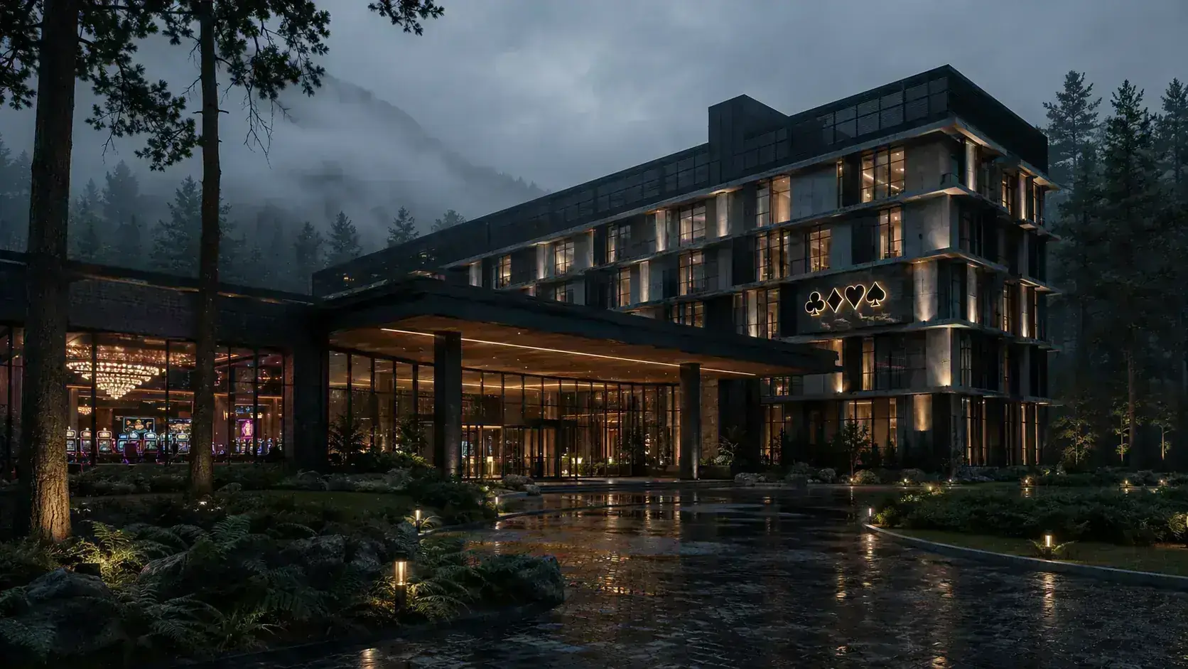 Warmly lit land-based casino venue at dusk